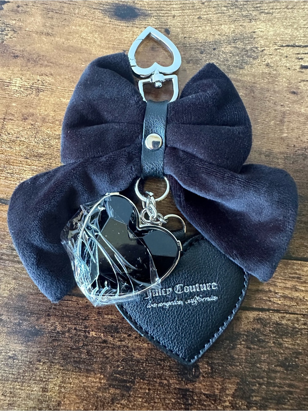 Juicy Couture Black Bow & Dual Heart Bag Charm Keychain with Mirror NWOT